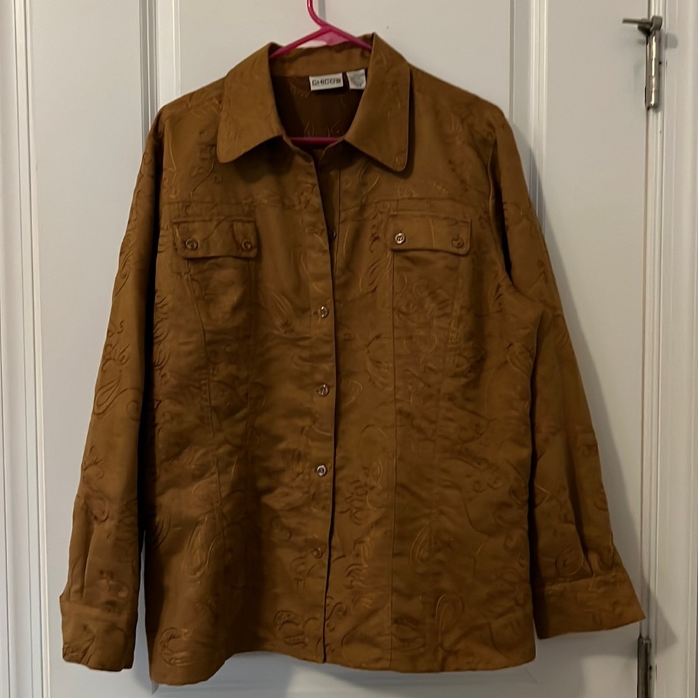 Chico’s button front shirt/jacket . Size 3 . Rust fall color with embroidery